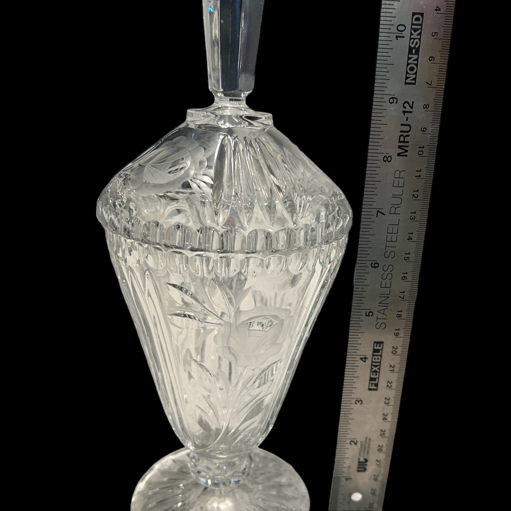 VINTAGE HEAVY CRYSTAL TALL CANDY DISH W/LID.